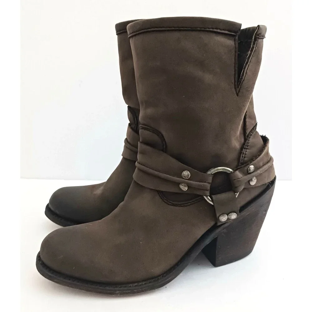 Independent Boot Co Brown Leather Moto Ankle Boot Harness Strap Made Mexico 6.5